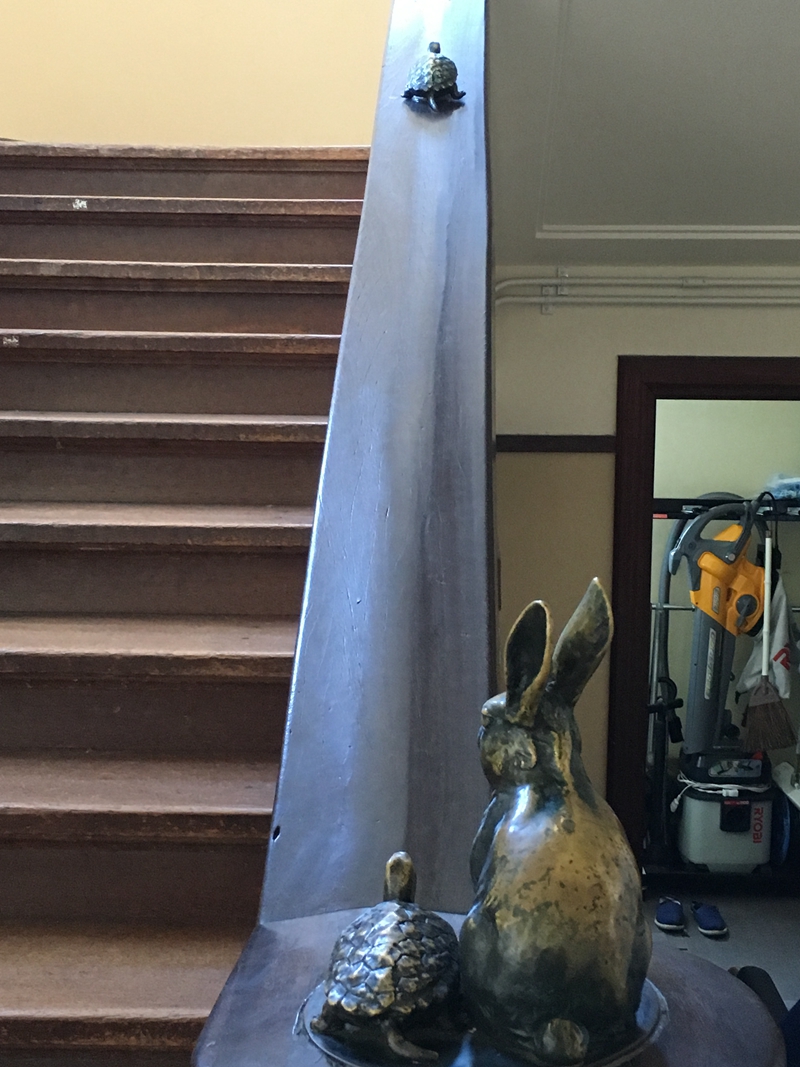 楼梯扶手上的龟兔赛跑